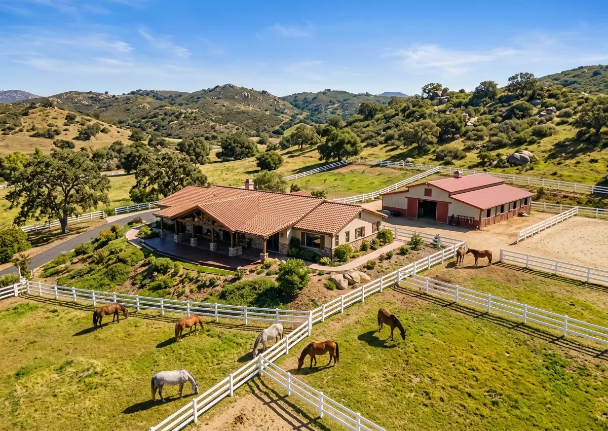 Illustration of an aerial view of a ranch home, horse barn and white-fenced pastures with grazing horses in boulder-strewn hills