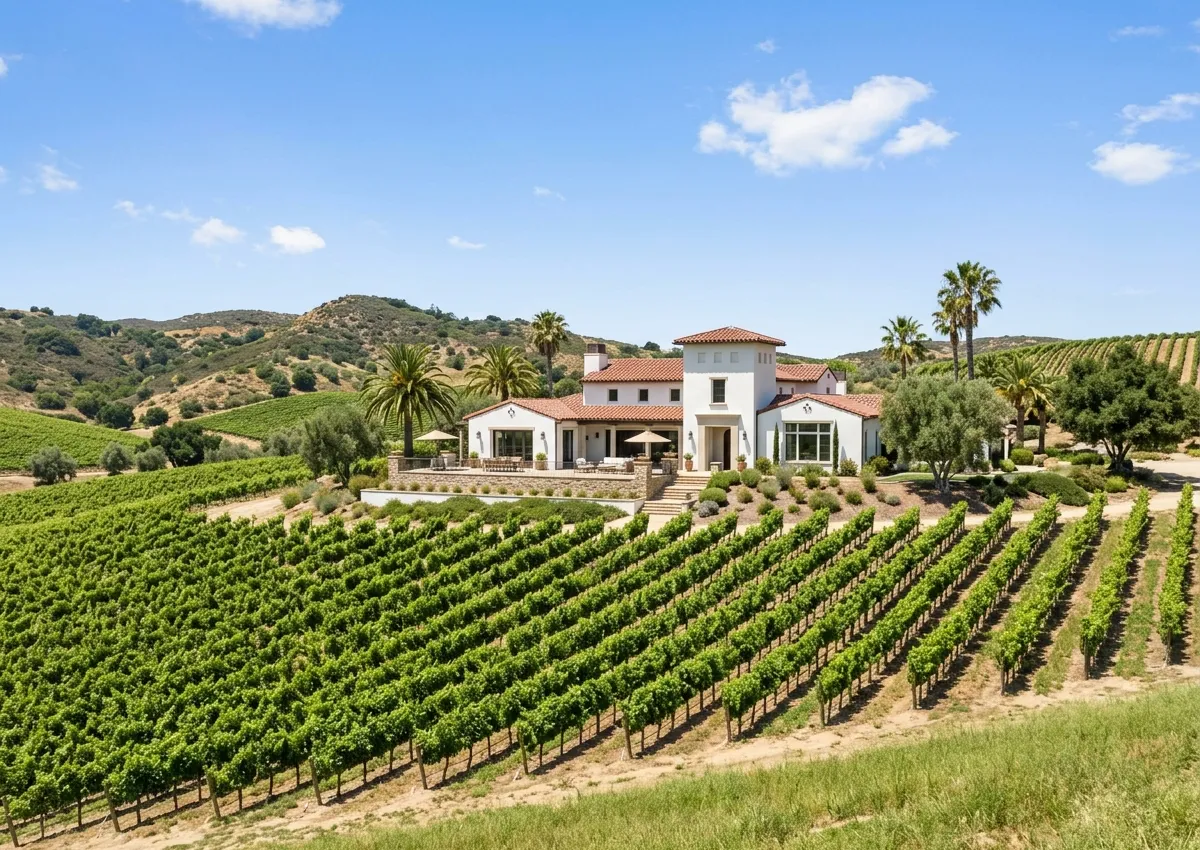 Illustration of a Spanish-style home above vineyard rows in sunny rolling hills